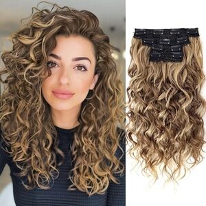 16" Curly Clip In Hair Extensions 4PCS Ash Brown Blonde Highlights‎ Natural Wave
